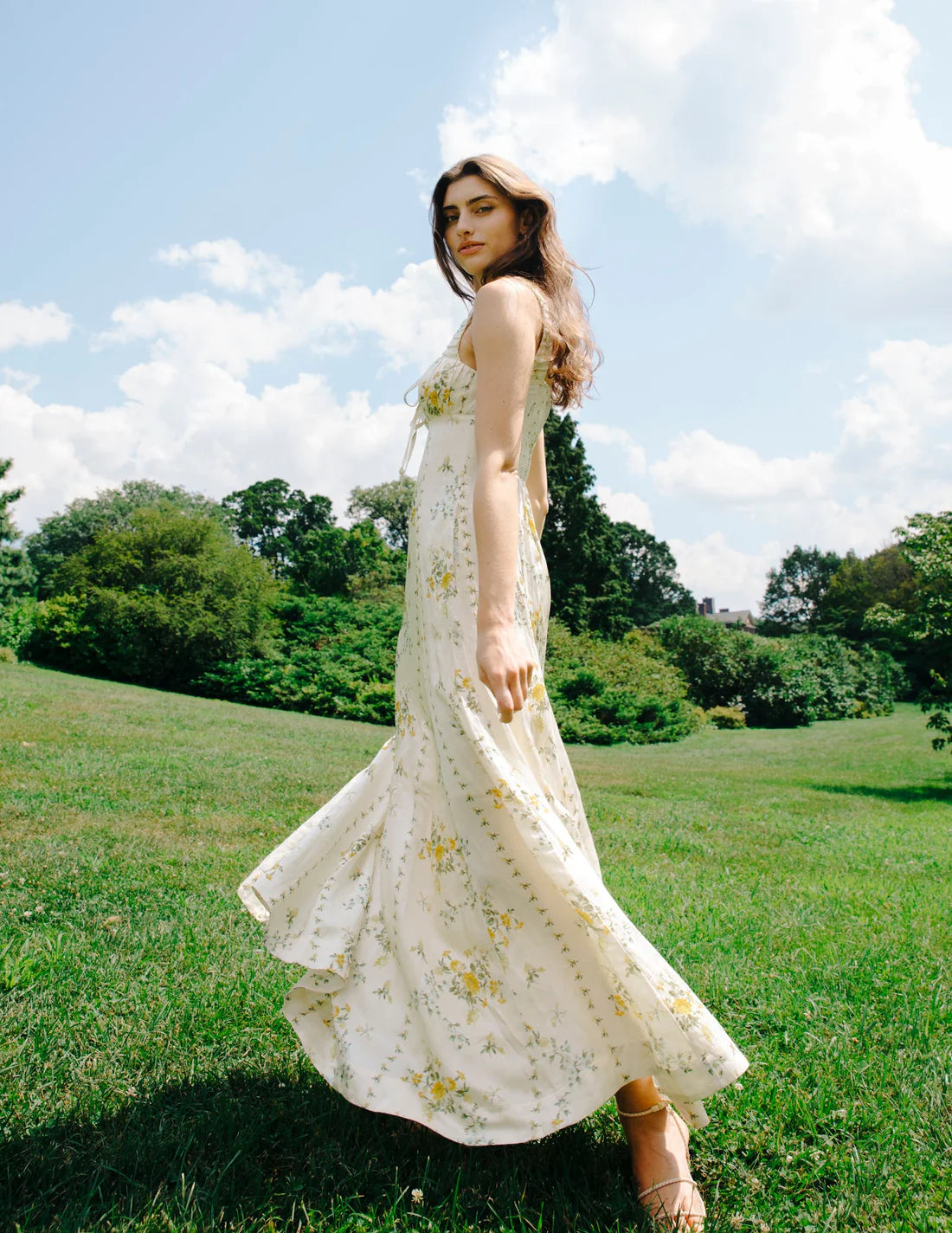 maxi dress in cream with green and yellow floral print