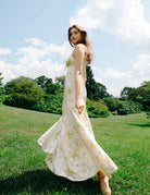 maxi dress in cream with green and yellow floral print