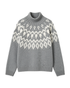 grey mock neck sweater with white fair isle design