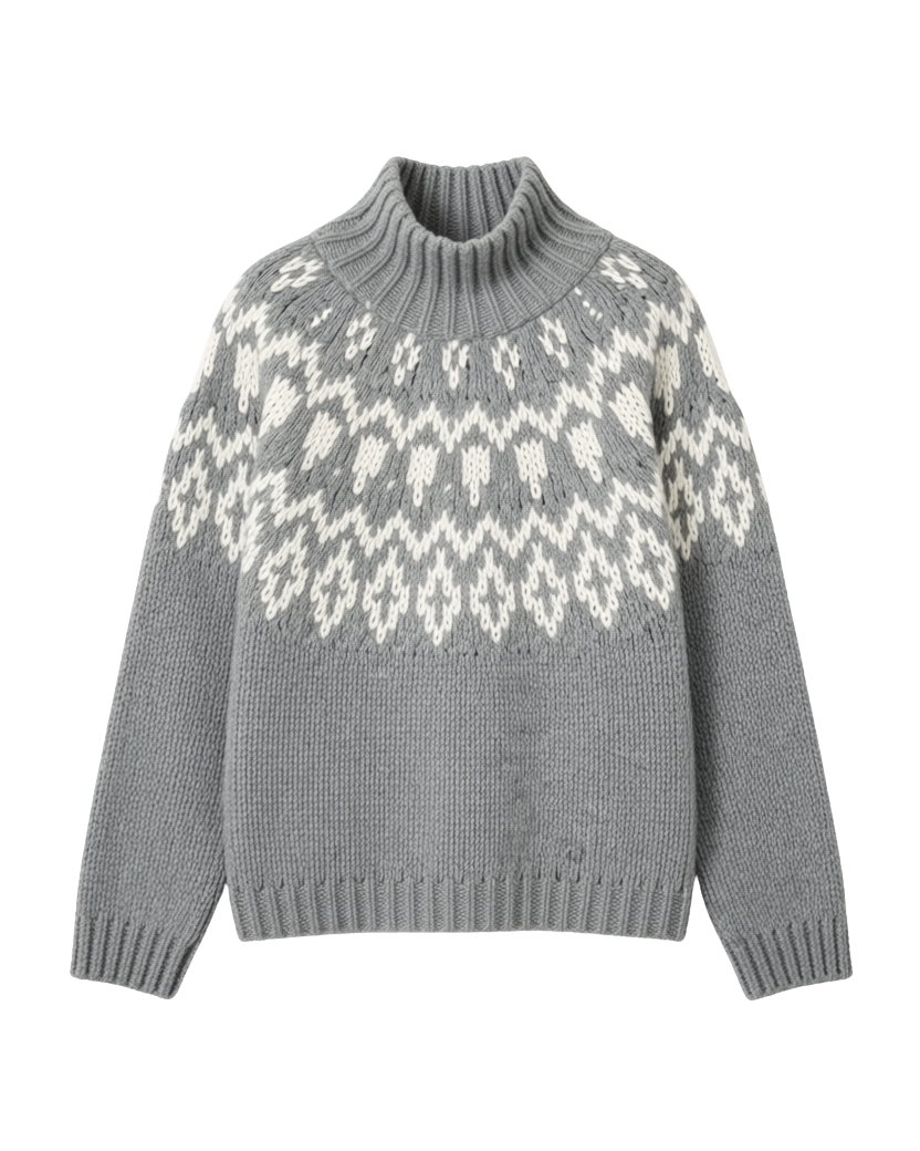 grey mock neck sweater with white fair isle design