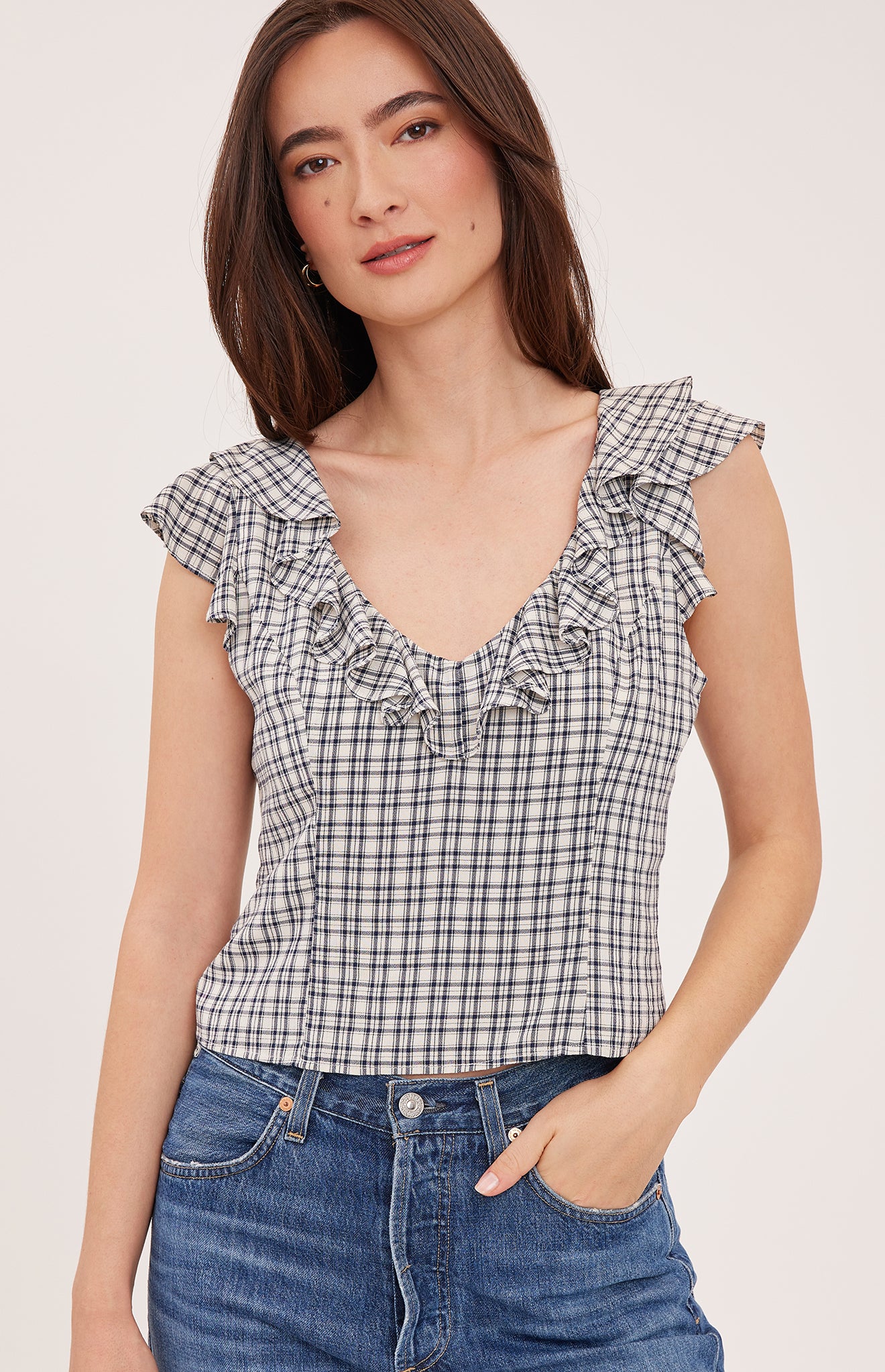 cream and black check tank top