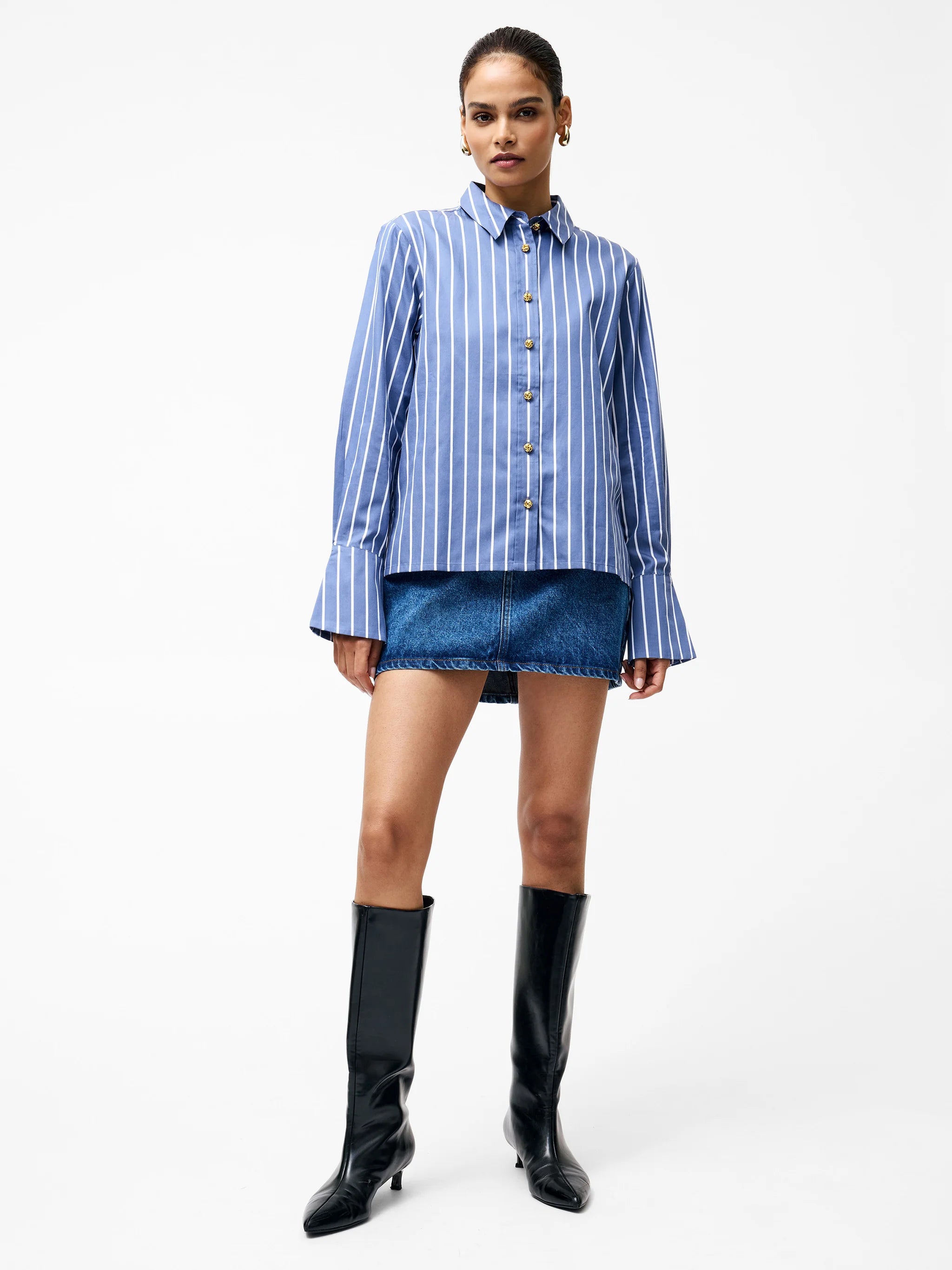 a navy and white stripe blouse with lare sleeves