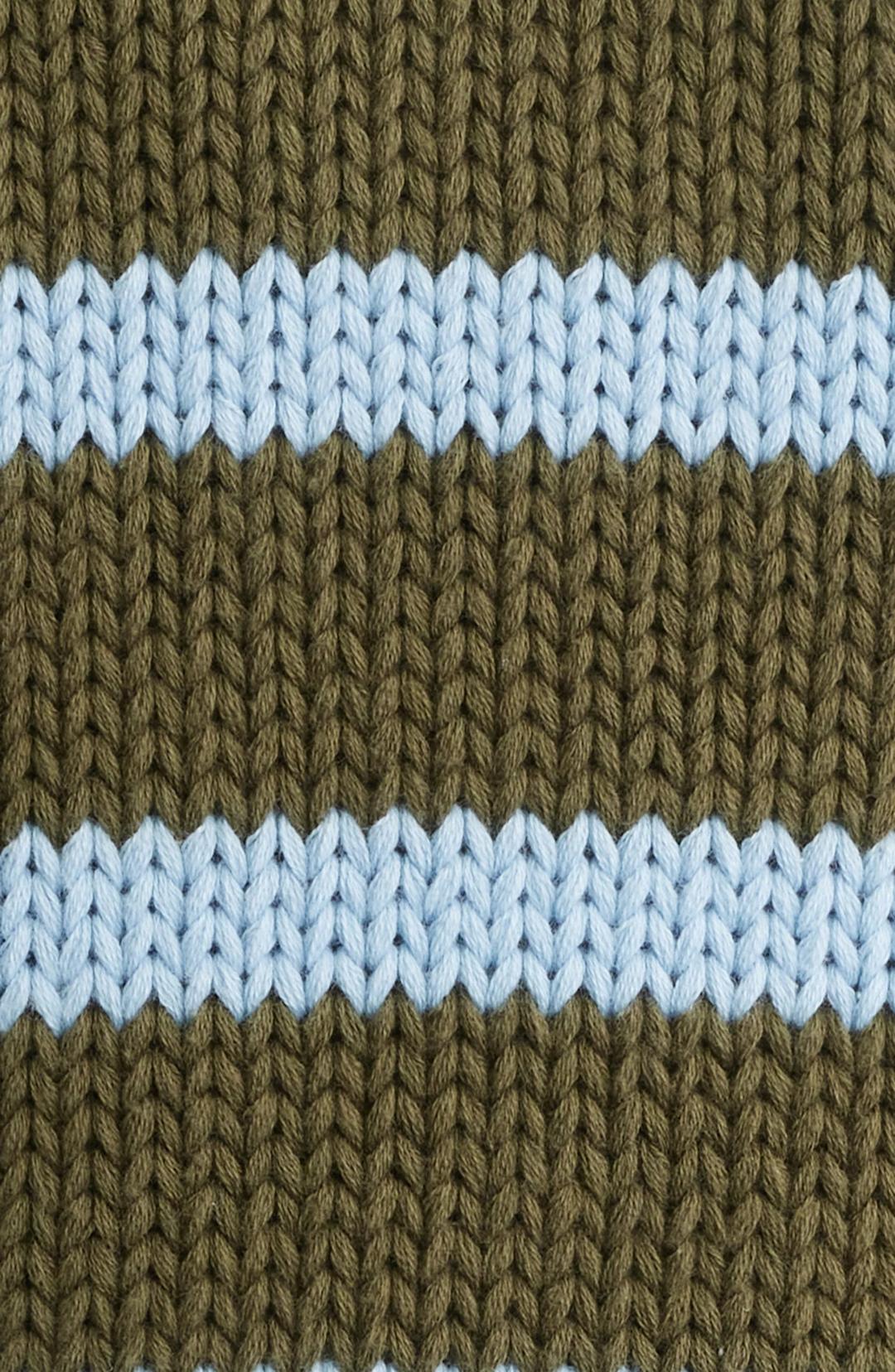 close up of knit material of sweater. Green with blue stripes
