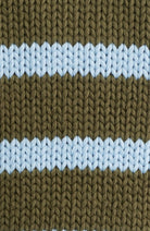 close up of knit material of sweater. Green with blue stripes