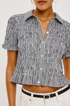 crop short sleeve-blouse in black gingham