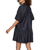 denim mini dress in a dark washed blue