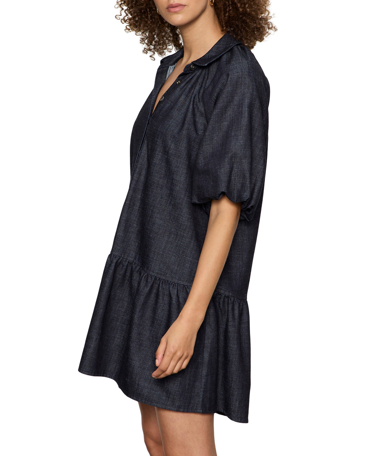 denim mini dress in a dark washed blue