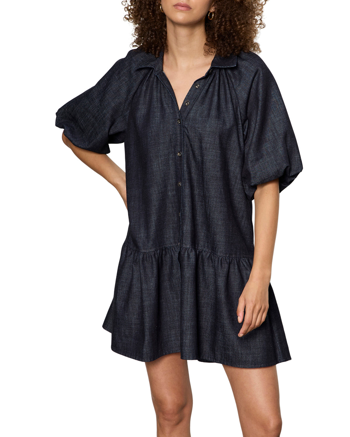 denim mini dress in a dark washed blue