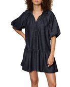 denim mini dress in a dark washed blue