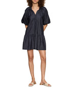 denim mini dress in a dark washed blue