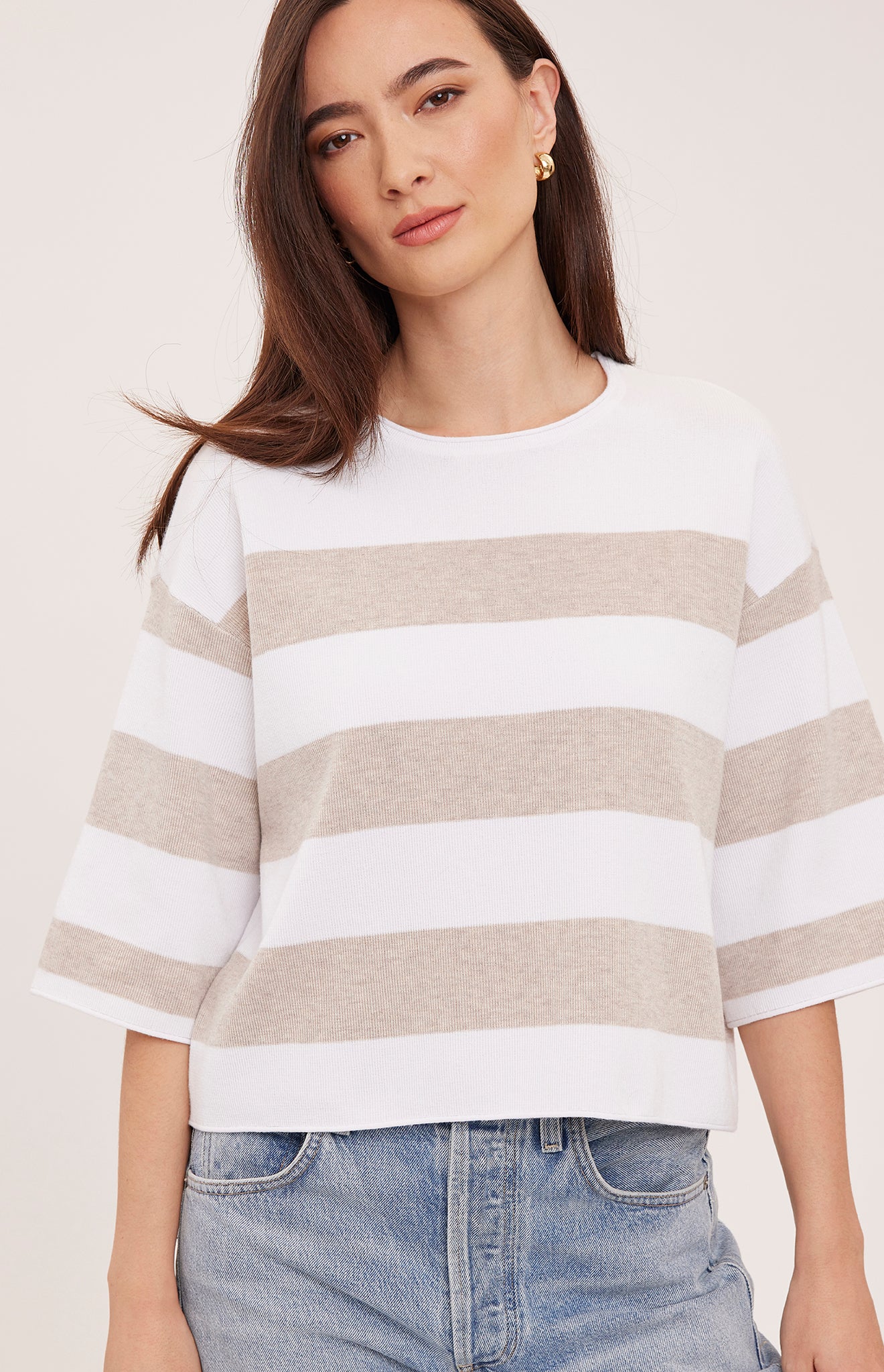 boxy tee in a white and heather brown stripe