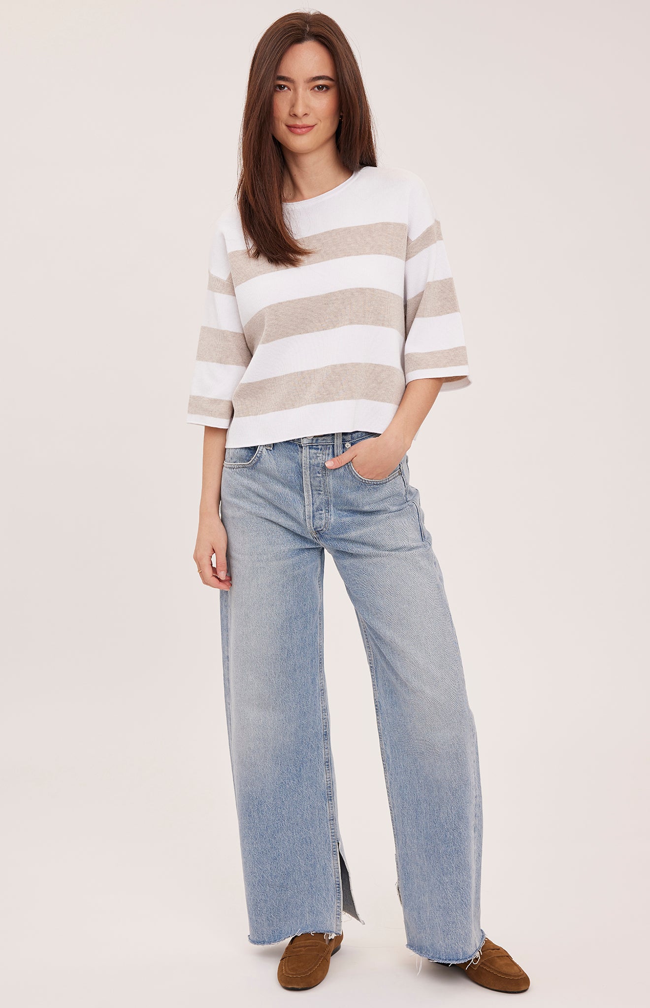 boxy tee in a white and heather brown stripe