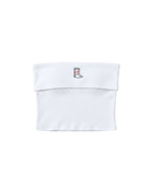 strapless white tube top with cowboy boots embroidered on the top