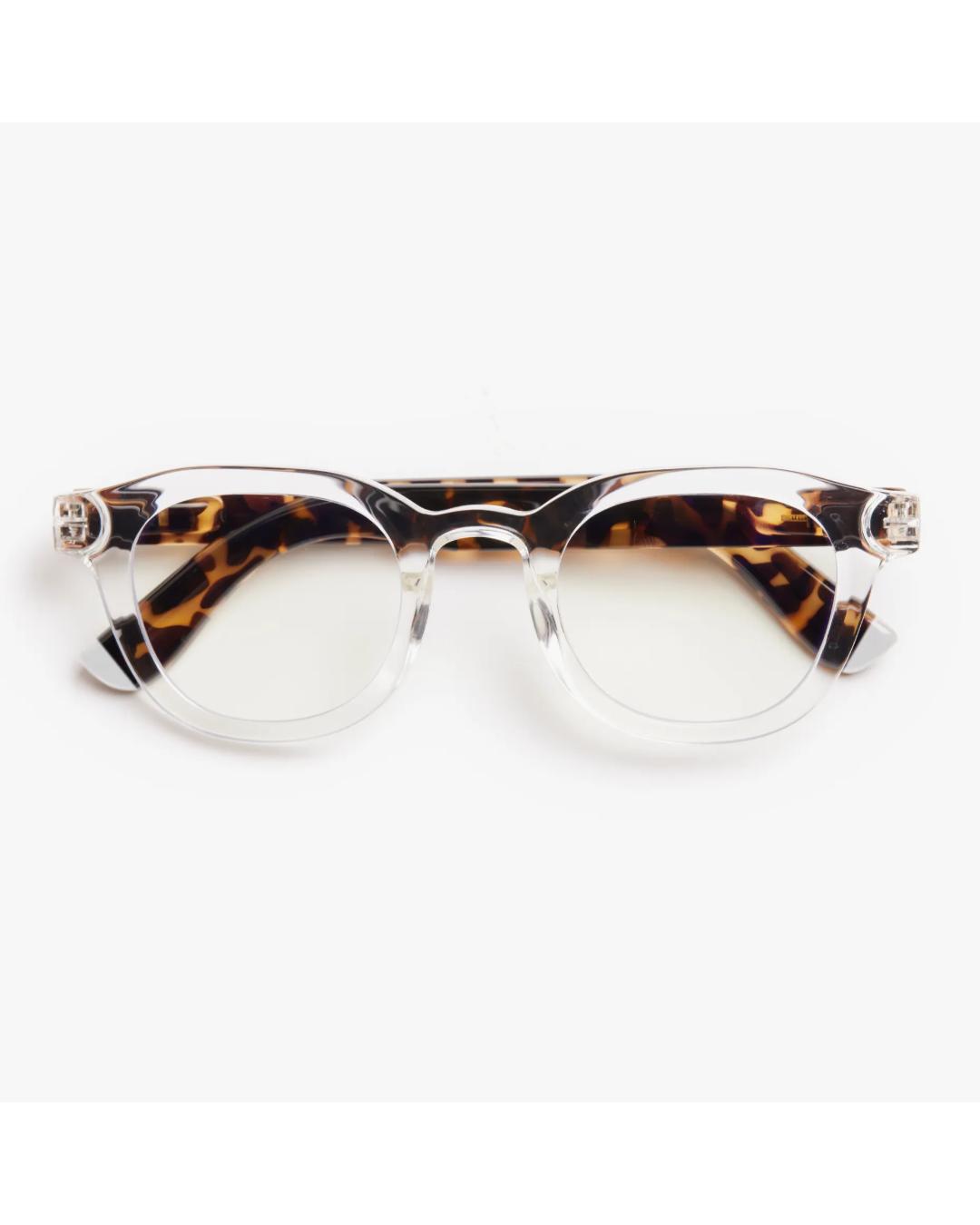 eyeglasses with a clear frame and tortoise arms