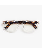 eyeglasses with a clear frame and tortoise arms
