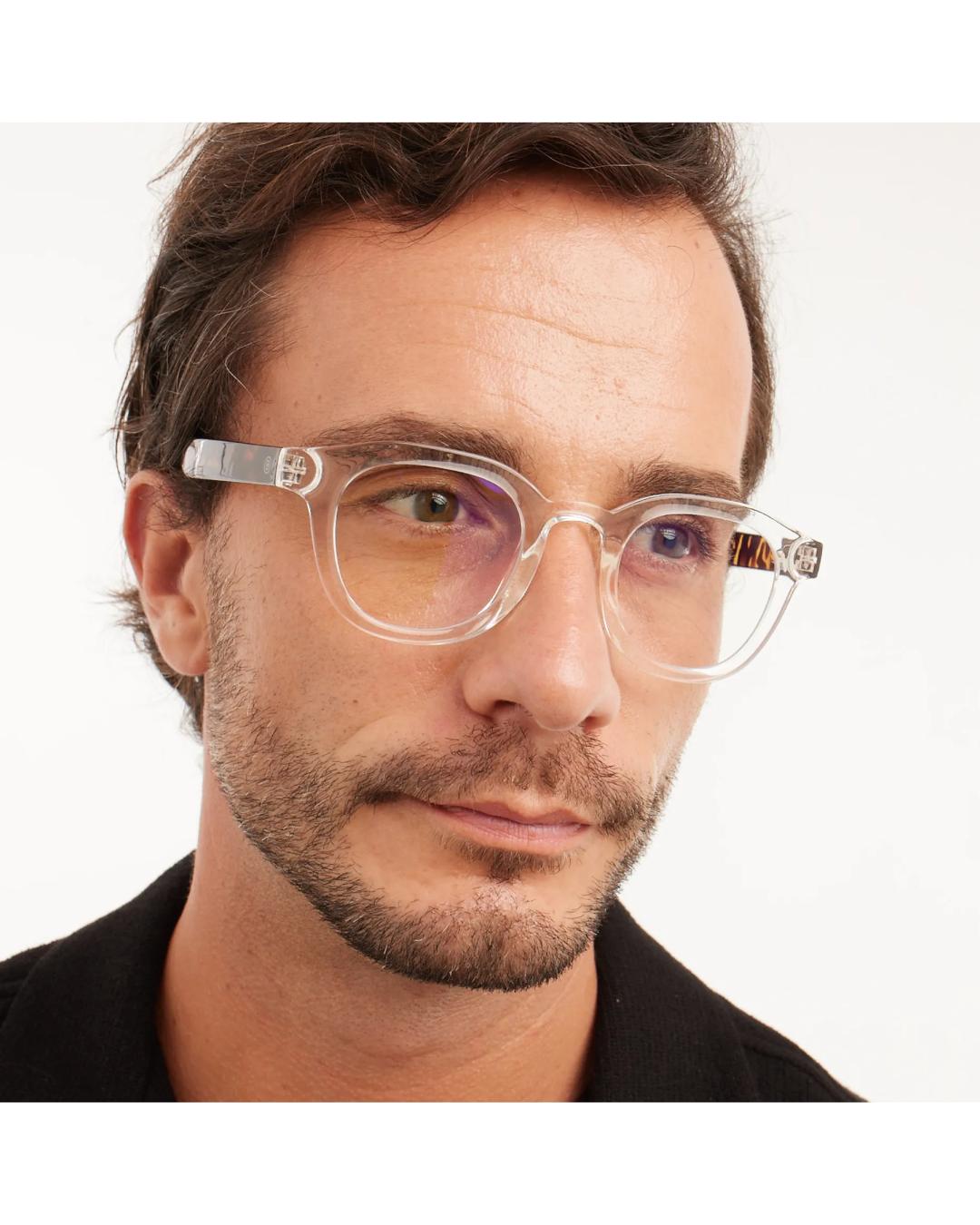 eyeglasses with a clear frame and tortoise arms