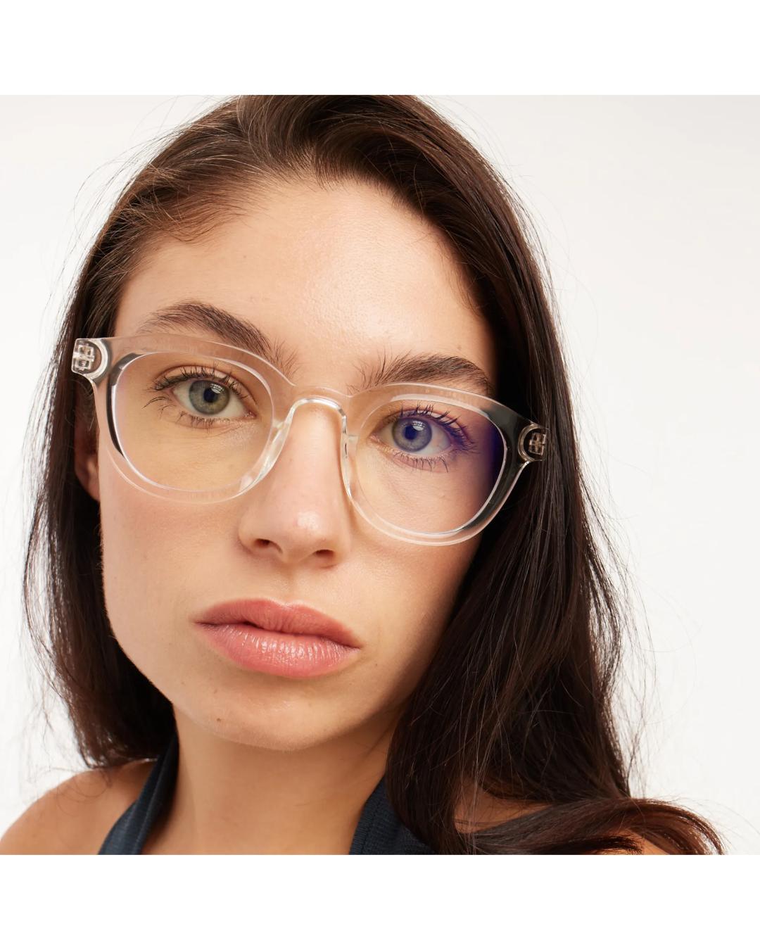 eyeglasses with a clear frame and tortoise arms