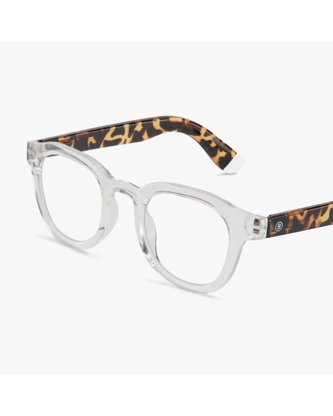 eyeglasses with a clear frame and tortoise arms