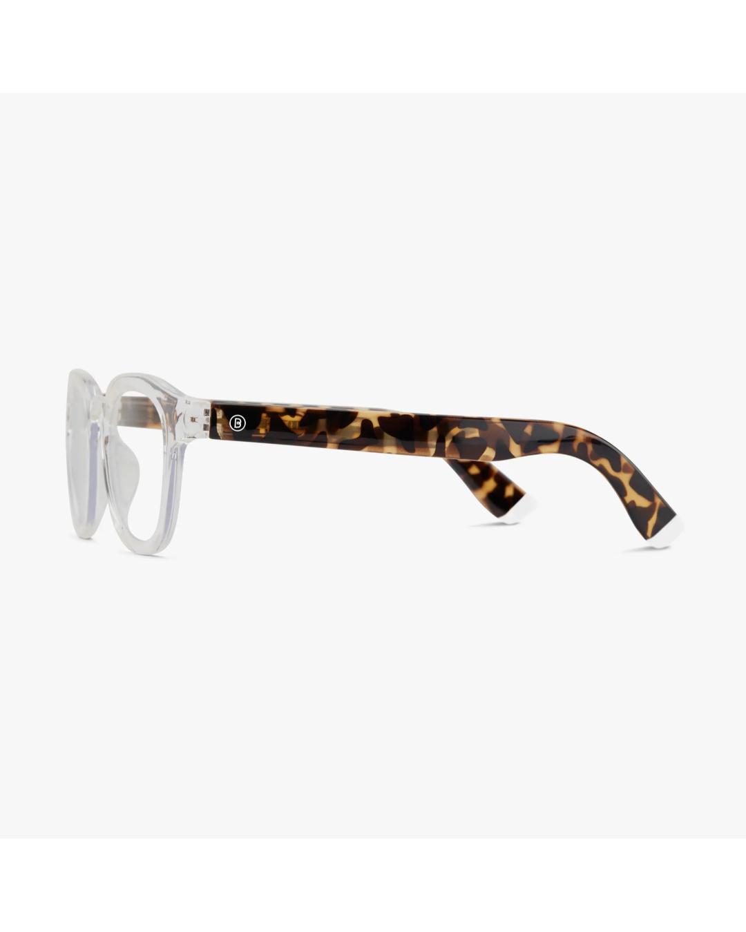 eyeglasses with a clear frame and tortoise arms