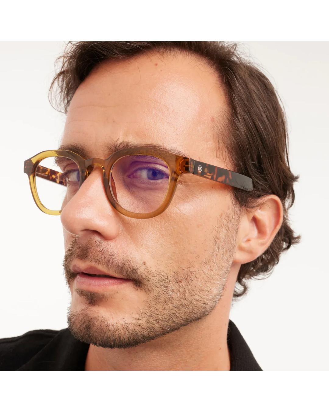 eyeglasses with a brown/olive frame and tortoise arms