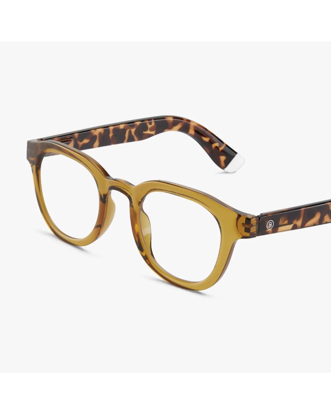 eyeglasses with a brown/olive frame and tortoise arms