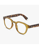 eyeglasses with a brown/olive frame and tortoise arms