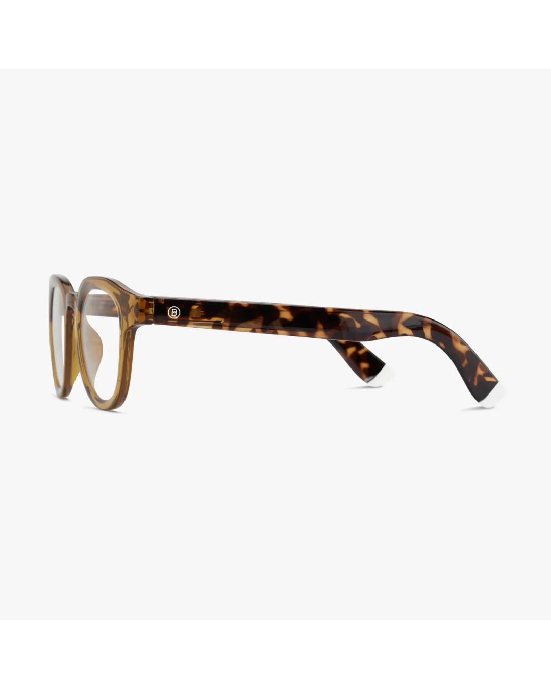 eyeglasses with a brown/olive frame and tortoise arms