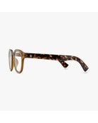 eyeglasses with a brown/olive frame and tortoise arms