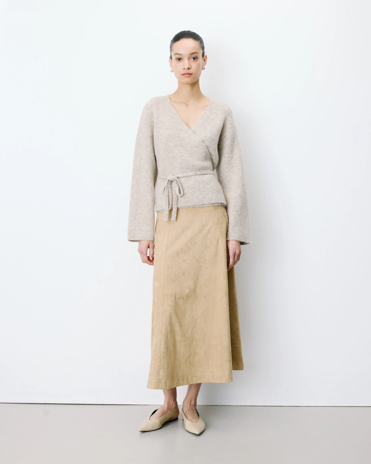 wrap cardigan in grey beige