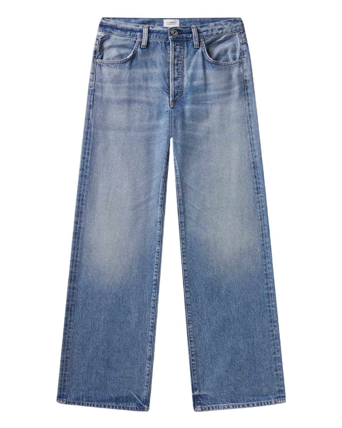 wide straight leg medium wash denim pants