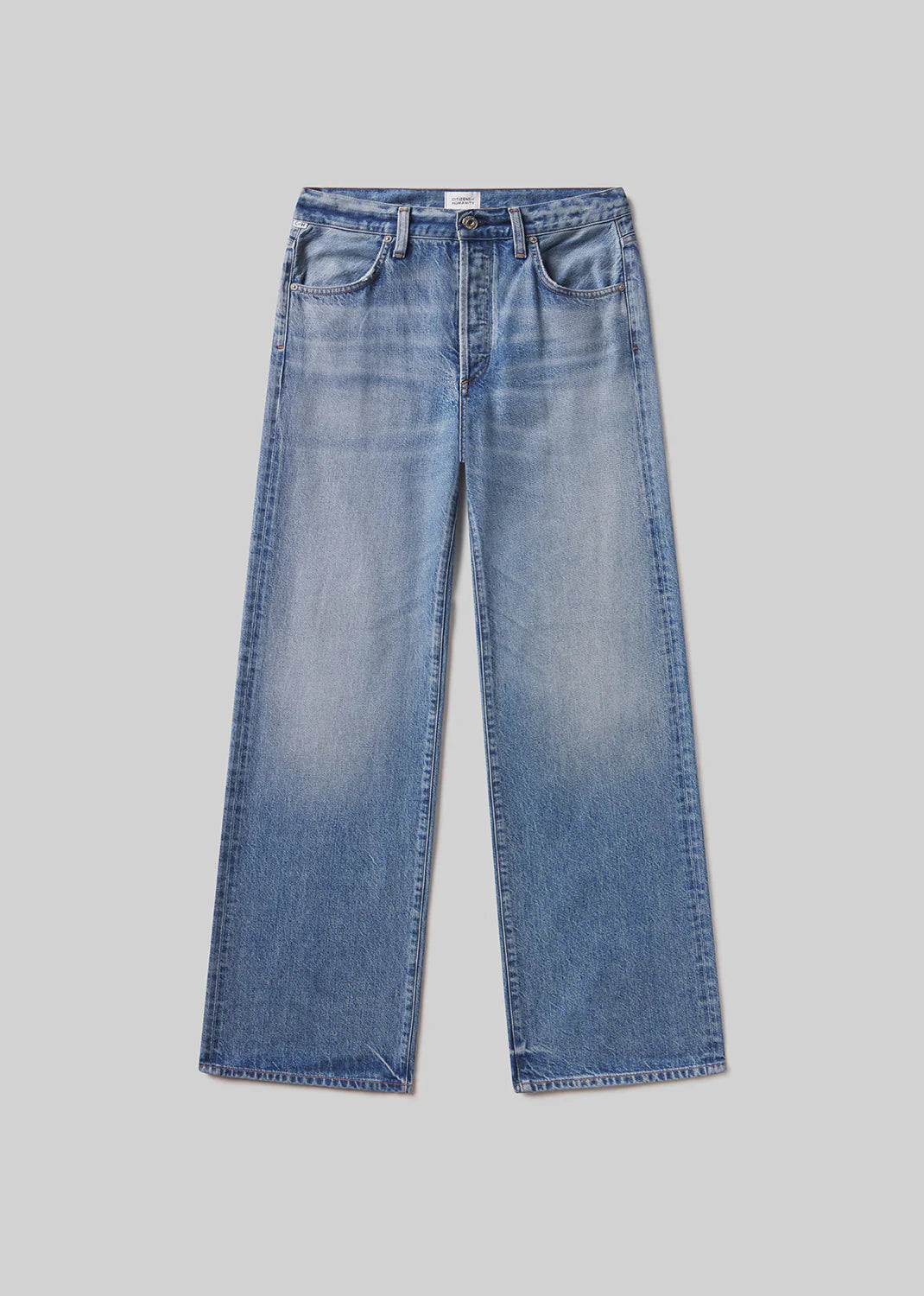 wide straight leg medium wash denim pants