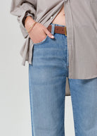 wide straight leg medium wash denim pants