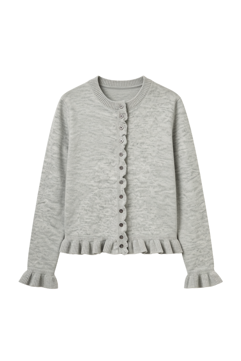 grey cardigan with ruffles down the middle and on sleeves