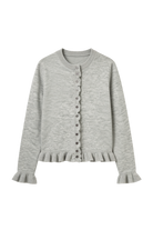 grey cardigan with ruffles down the middle and on sleeves
