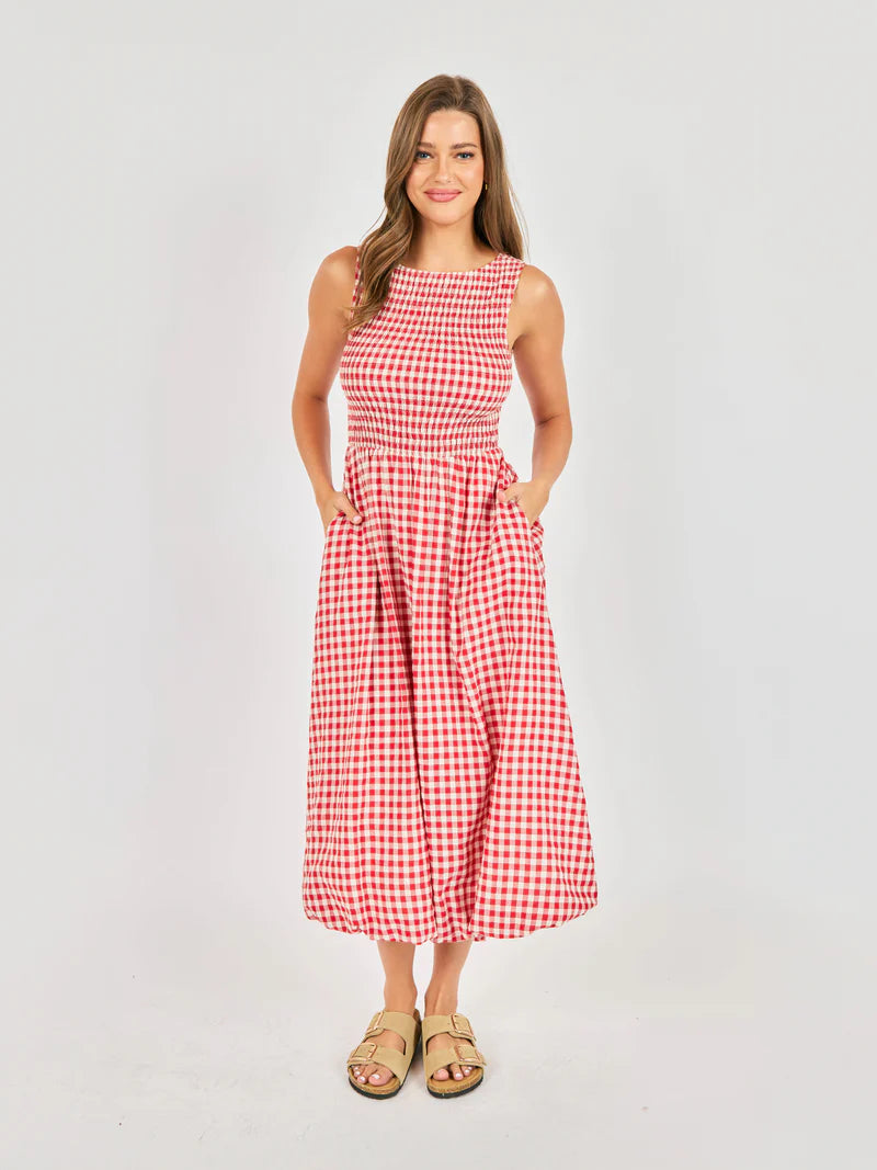 red and white gingham midi dress