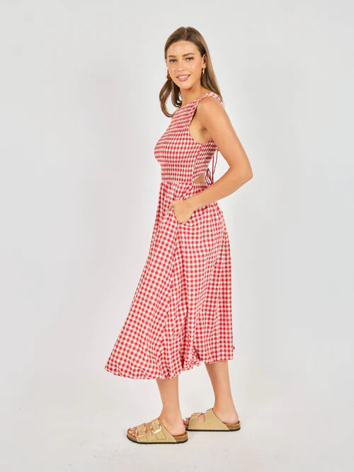 red and white gingham midi dress
