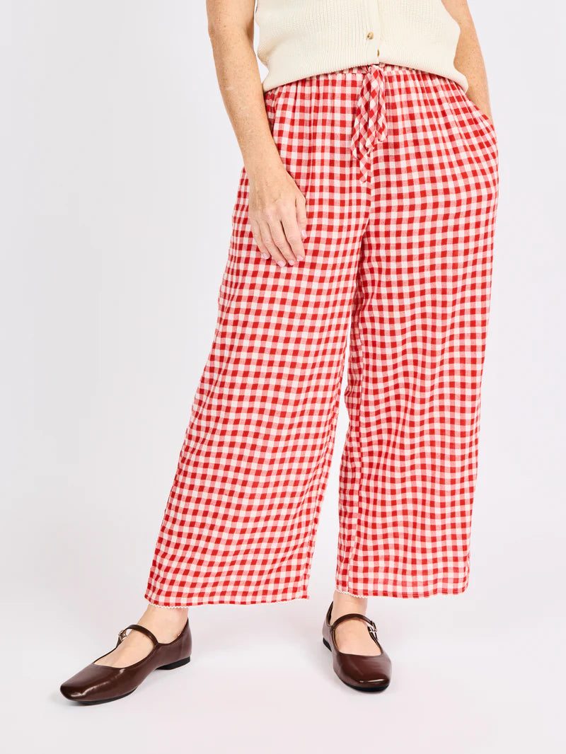 red and white gingham wide leg pants