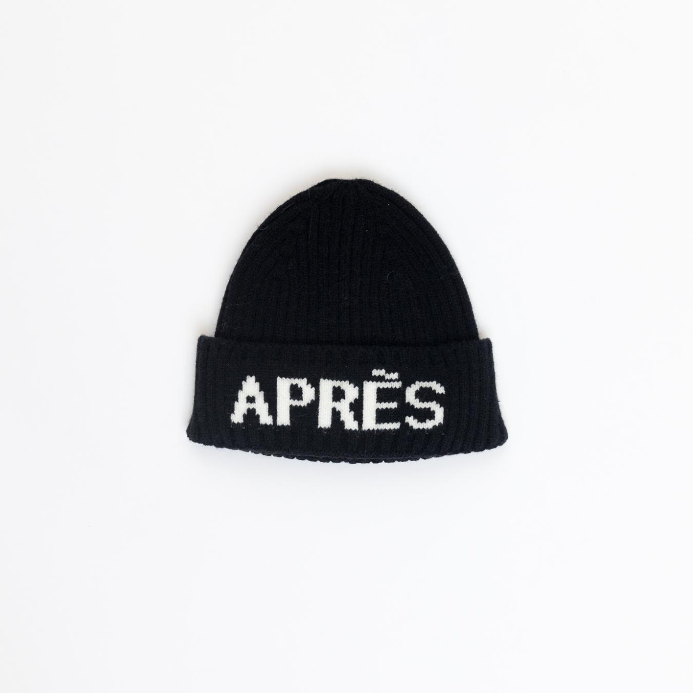 black hat and mitts that say apres ski