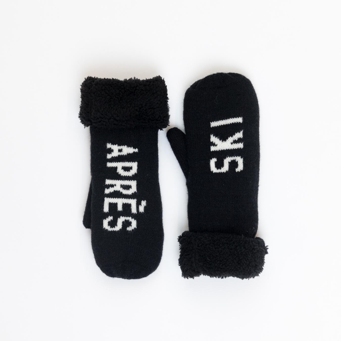 black hat and mitts that say apres ski