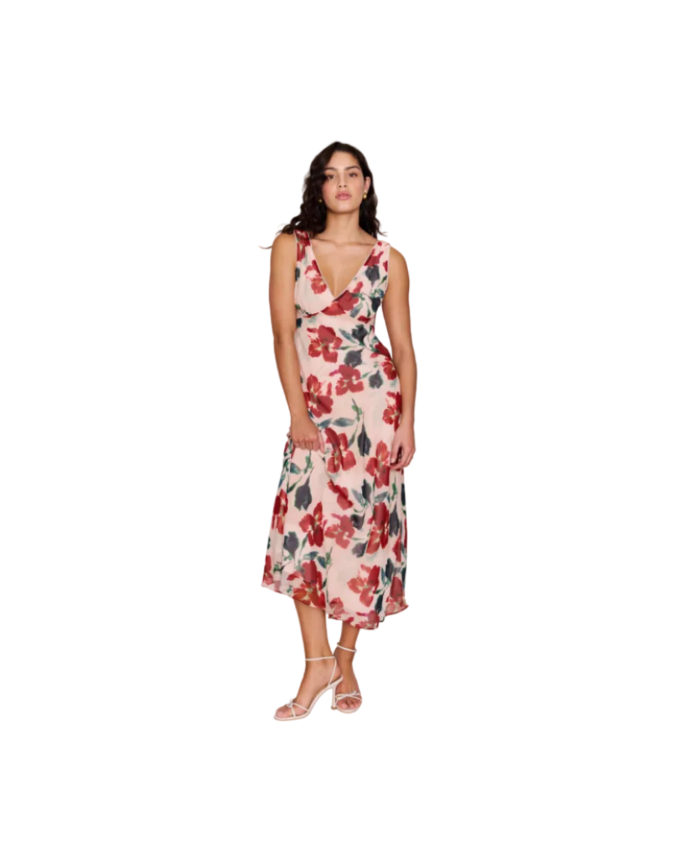 midi dress cut on the bias in red florals