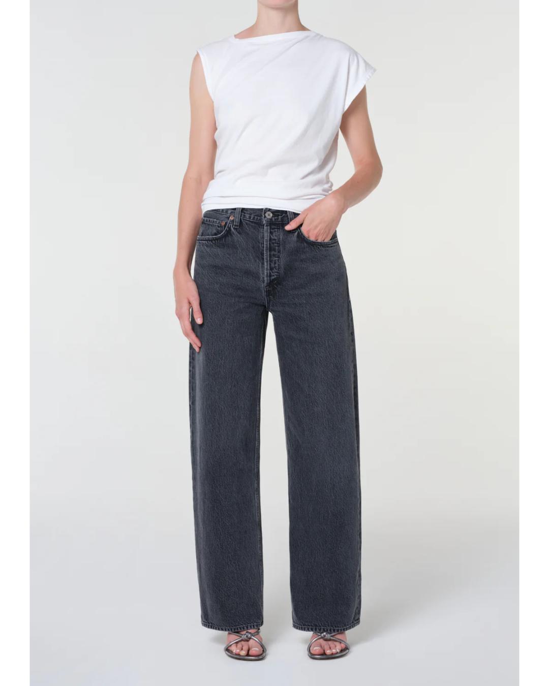 washed black denim pant with a curve leg