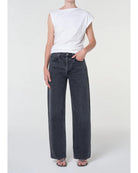 washed black denim pant with a curve leg