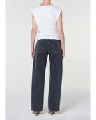 washed black denim pant with a curve leg