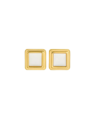 large square gold earrings with white stone in the middle