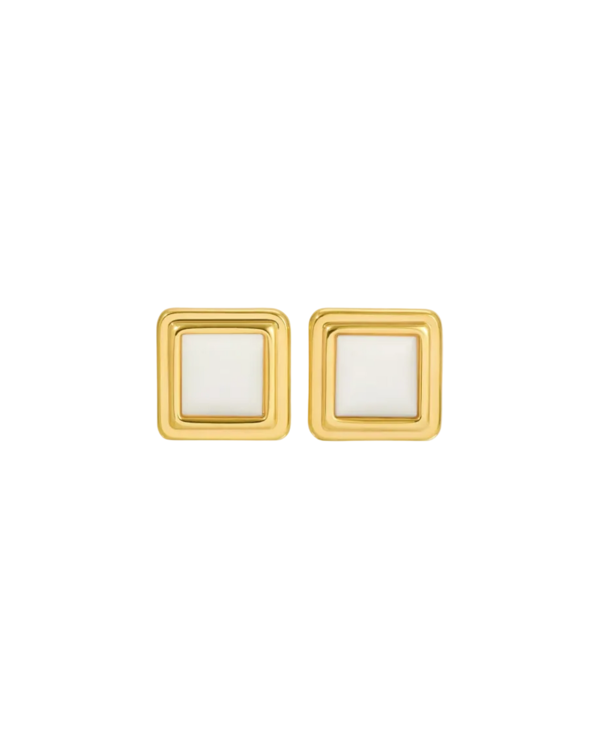 large square gold earrings with white stone in the middle