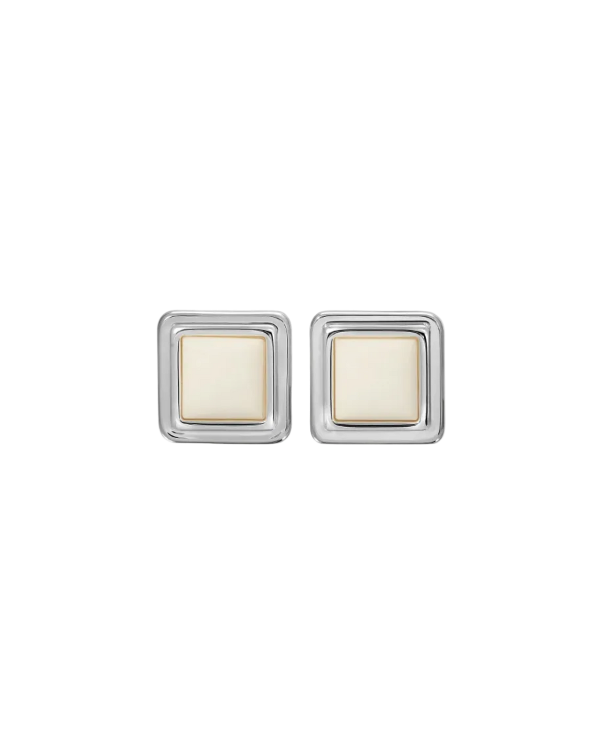 square silver earrings with white stone in the middle