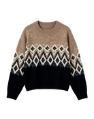 fairisle knit sweater in brown on the top and black on the bottom