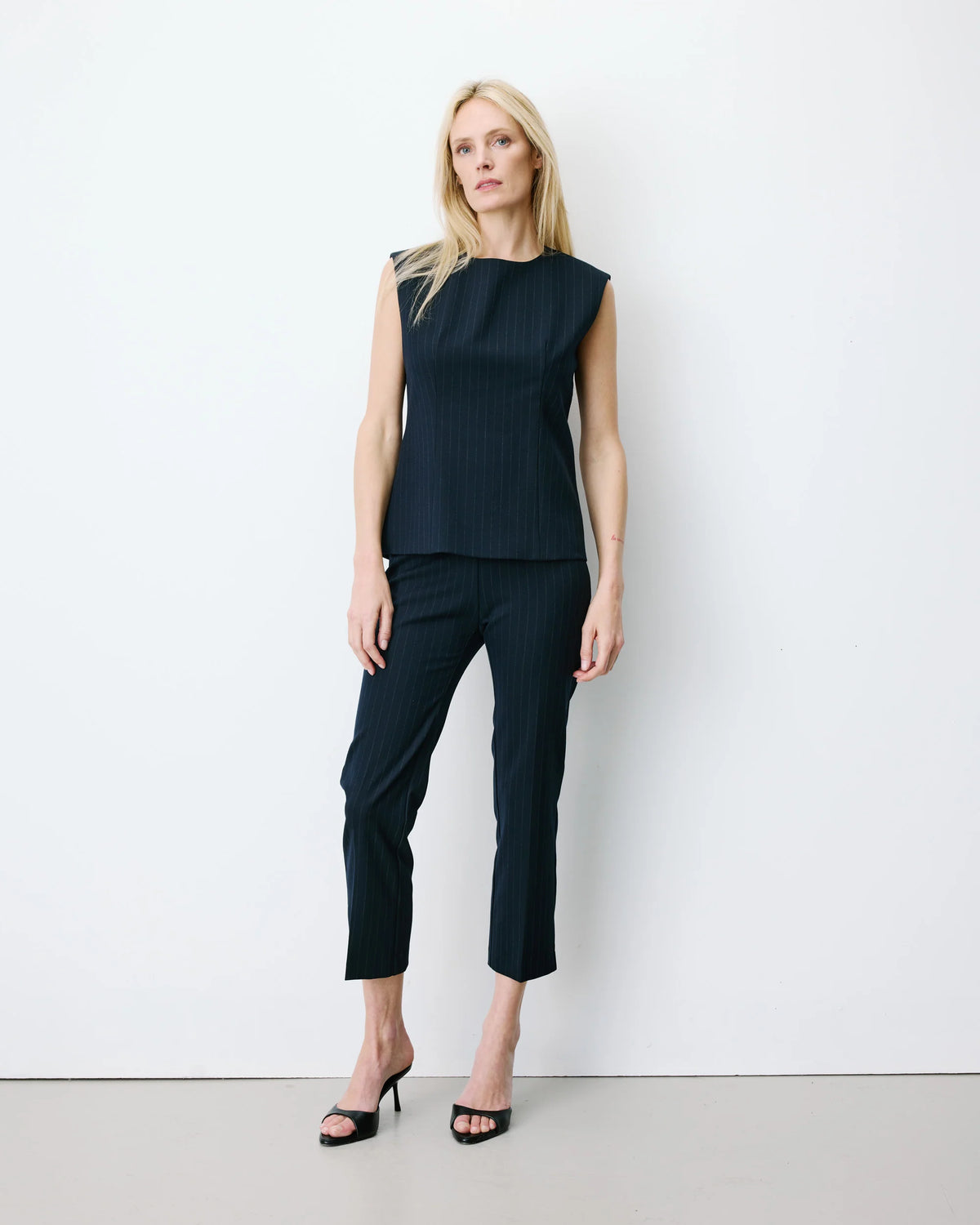 suiting top in navy and pinstripe