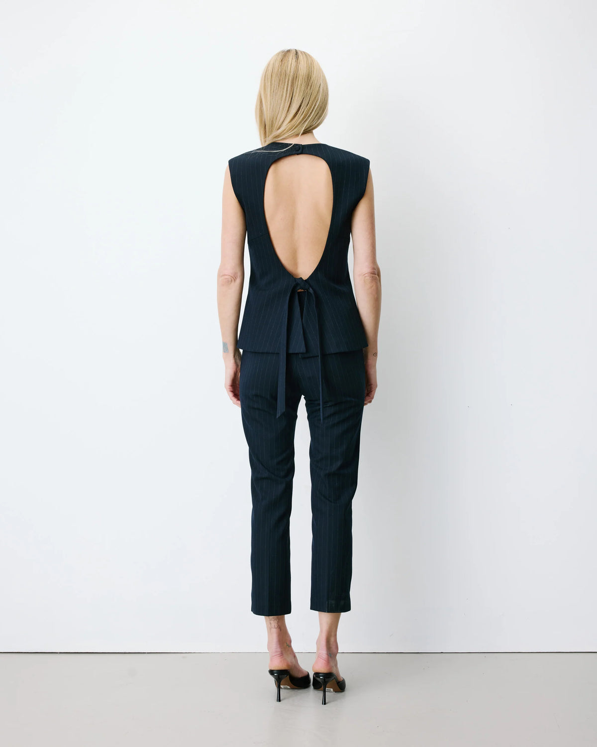 suiting top in navy and pinstripe