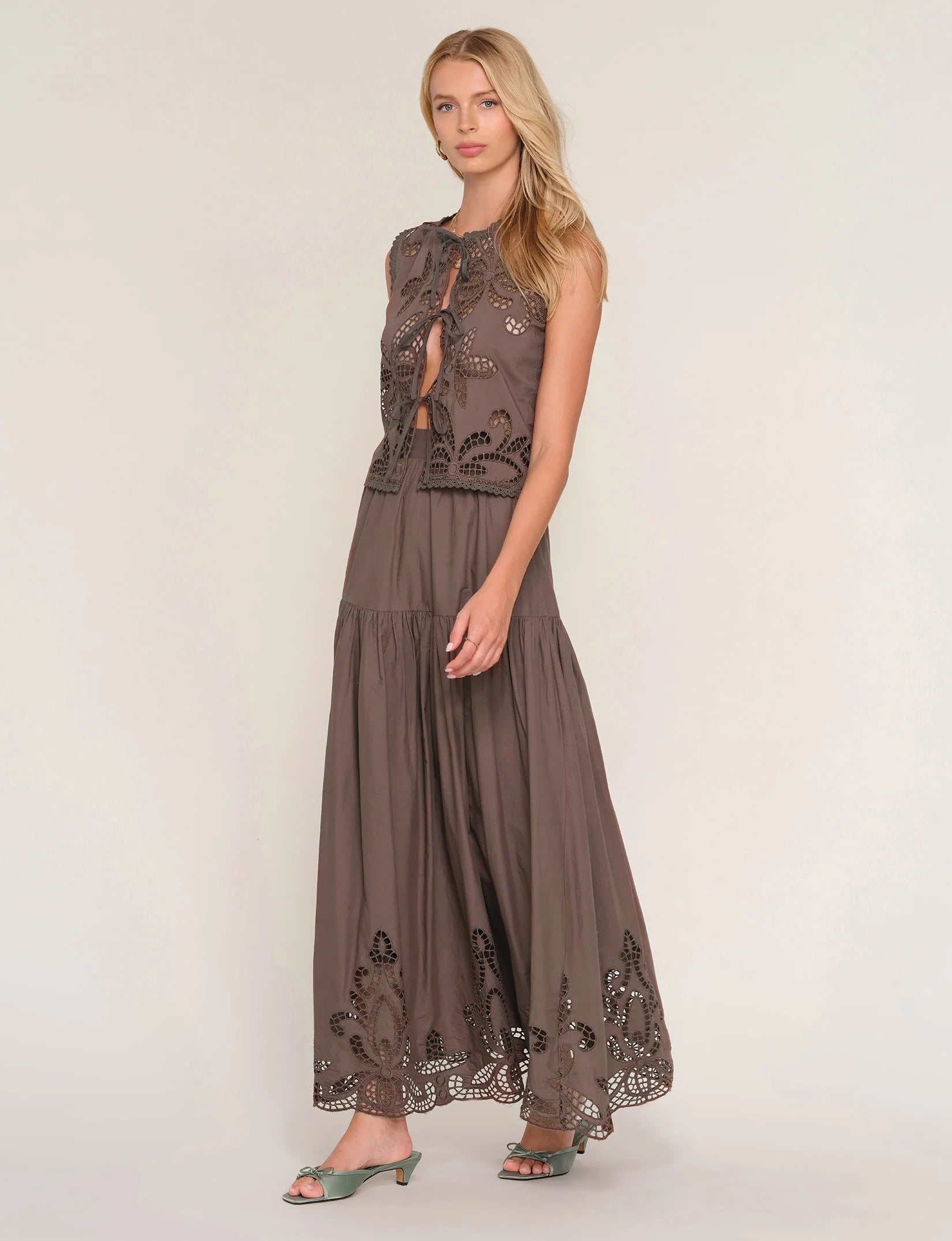 two piece set in brown with eyelet top and eyelet midi skirt
